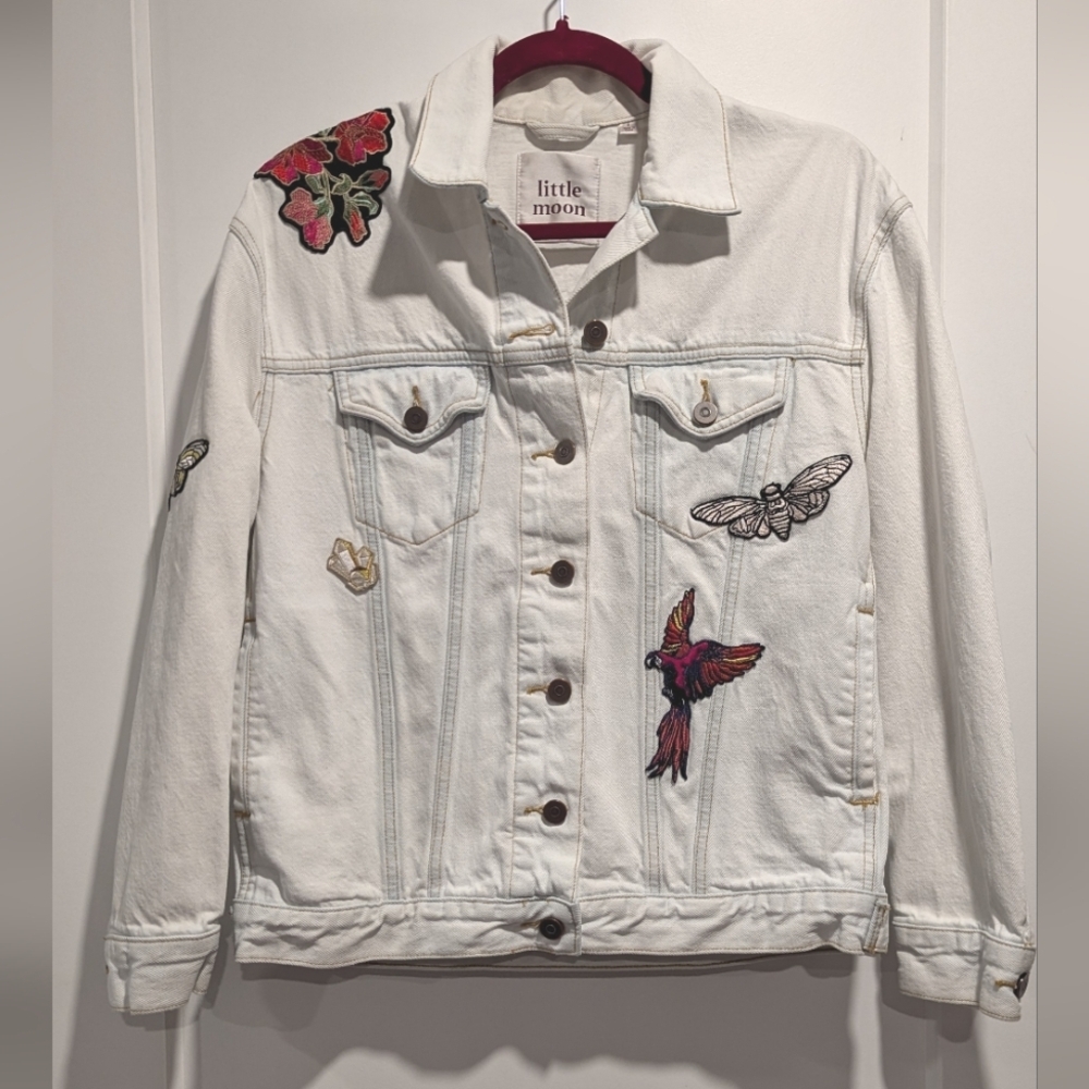 Little Moon Off-White Dianthus Embroidered Jean Jacket